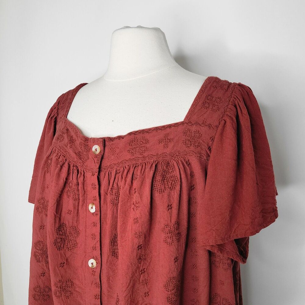 TORRID Red Brown Square Neck Top Size 3X Embroidered Boho Flutter Sleeve Peasant - Picture 7 of 11